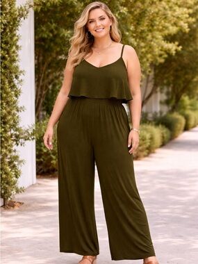 Lulu's Olive Green Spaghetti Strap Maxi Jumpsuit